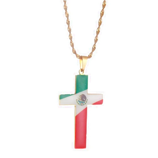 Yongkan Stainless Steel Mexican Flag Cross Pendant Necklace Patriotic Religious Jewelry for Men or Women