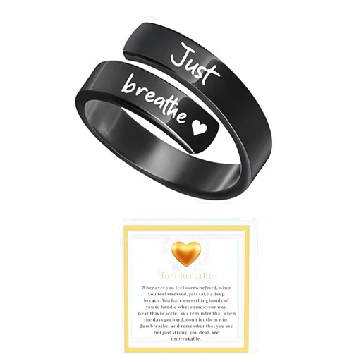 Q&D&S Dainty Just Breathe Ring for Women,Adjustable Inspirational Engraved Heart Stainless Steel Open Ring Personality Jewelry Gift