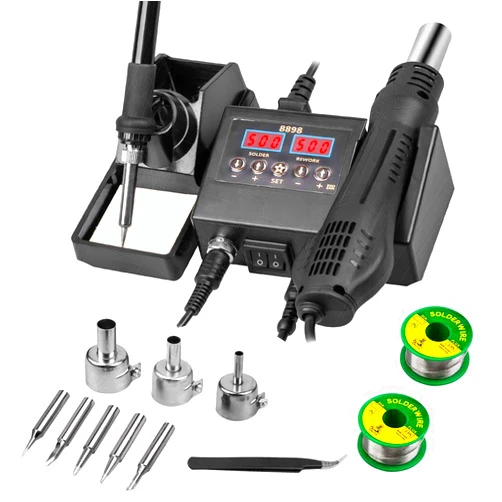Defabee 14pcs Soldering Station, 2 in 1 Hot Air Functions Digital Display Soldering Iron Soldering Kit, 8898 Portable SMD Rework Station, ºC/ºF Cool/Hot Air Conversion and Auto Sleep