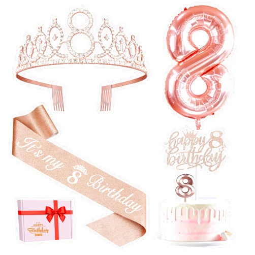 YeohJoy 8th Birthday Decorations Gifts for Girls Including 8th Birthday Girl Sash and Tiara, 8th Birthday Candles and Cake Topper, Number 8 Balloons for 8 Year Old Birthday Girls (Rose Gold)