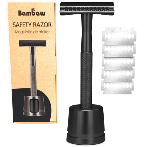Bambaw Double Edge Safety Razor with 5 Safety Razor Blades, Single Blade Razor for Men with Razor Stand, Double Edge Razor, Safety Razors for Men - Black