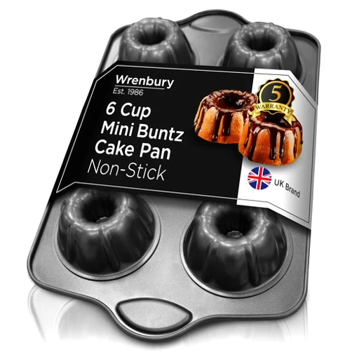 Wrenbury Nonstick Mini Buntz Cake Pan Non Stick for Baking - 6 Cup Bundtlette Fluted Cake Tin for Small Cakes - PFOA Free and Dishwasher Safe - 3.75” Cup Width