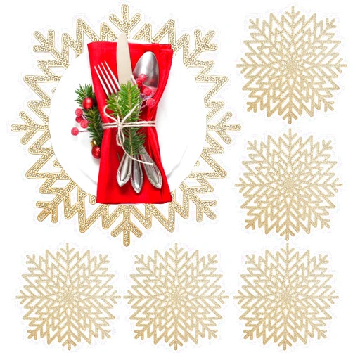 Pfoosnd Snowflake Placemats Set of 6, Washable Christmas Placemats Snowflake Tablemats Hollow Out Round Vinyl Place Mats for Dining Table Setting Kitchen Table Mats Christmas Decoration(Gold Snowflake)