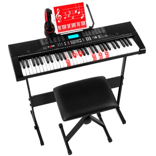 Best Choice Products 61-Key Beginners Complete Electronic Keyboard Piano Set w/Lighted Keys, LCD Screen, Headphones, Stand, Bench, Teaching Modes, Note Stickers, Built-In Speakers - Black