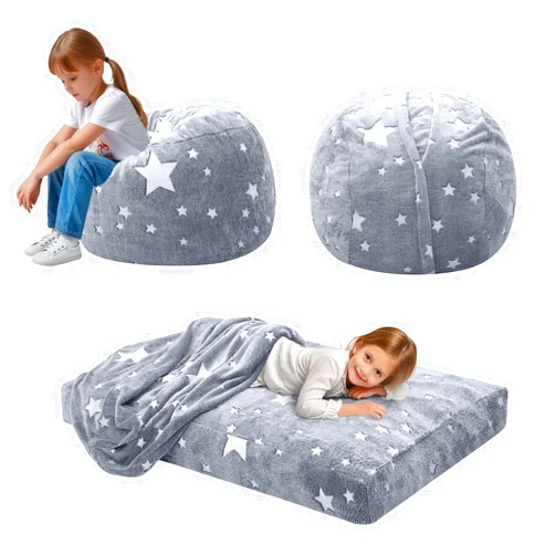 COMAX Kids Bean Bag Chair Turn into Beanbag Bed, Unicorn Toddler Bean Chair for Girl Boy Sleeping, Lazy Children Sofa Couch with Filler, Convertible Child Floor Mattress, Glowing Grey Star