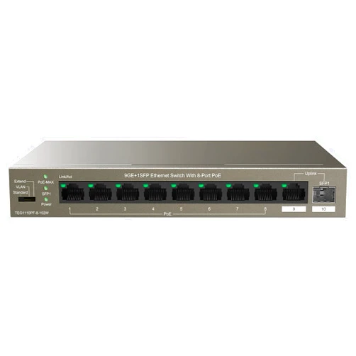 Tenda TEG1110PF, 8 Port Gigabit PoE Switch Compatible with IEEE 802.3af/at Devices, Unmanaged PoE Switch with 8 Port PoE+@102W, w/ 1 Uplink Gigabit Port & 1 SFP Slot, Limited Lifetime Protection