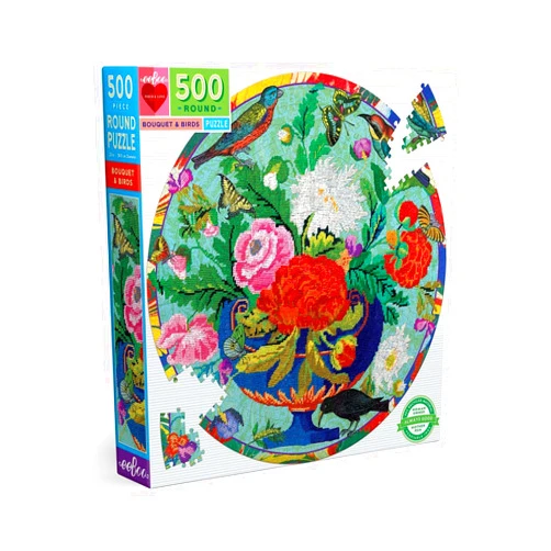 eeBoo: Piece and Love Bouquet and Birds 500 Piece Adult Round Jigsaw Puzzle, Jigsaw Puzzle for Adults and Families, Includes Glossy and Sturdy Pieces