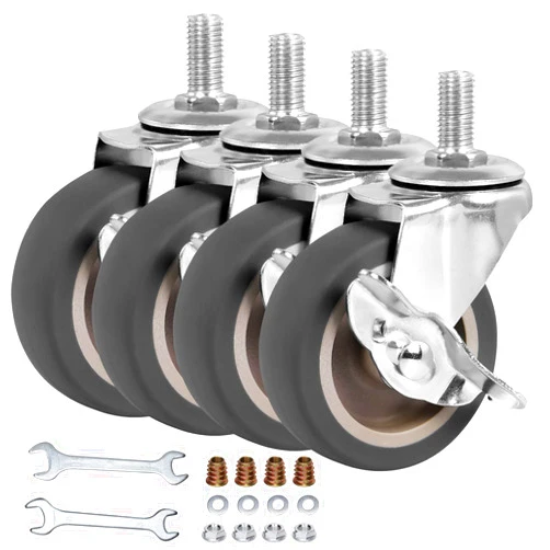 BAISASY Caster Wheels, 3 Inch Stem Casters Set of 4, Heavy Duty Swivel Wheel with Brake, Metric Size M10-1.5-25 (Screw Diameter 10mm, Screw Length 25mm) Casters for Workbench Trolley, Furniture Dolly