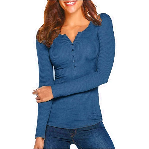Tobrief Women's Henley Shirts Long Sleeve V Neck Ribbed Button Down Knit Sweater Fitted Tops