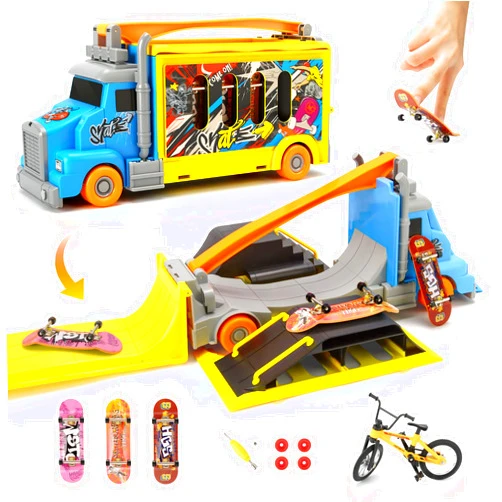 Hestiasko Finger Skateboard Park Set, 2-in-1 Transforming Truck Vehicle with 3 Fingerboards, Finger Bike, Skatepark Deck Ramps, Storage Case,Skateboard Finger Toys Gift for Boys & Girls Ages 3+