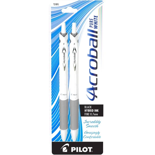 Pilot Acroball PureWhite Retractable Advanced Ink Ball Point Pens; Fine Point, Black Ink, Silver Accents 2-Pack (31895) Ultra-Smooth Writing, Smear-Resistant Advanced Ink for Skip-Free Lines