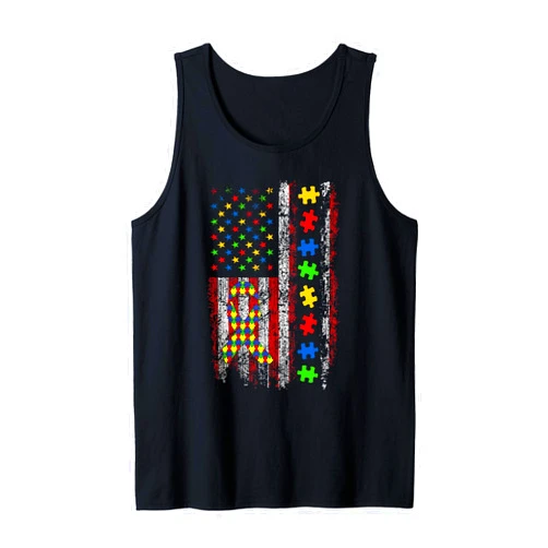 Patriotic Autism Awareness Men Women Apparel American Flag Autism Awareness Mom Dad USA Flag Puzzles Tank Top