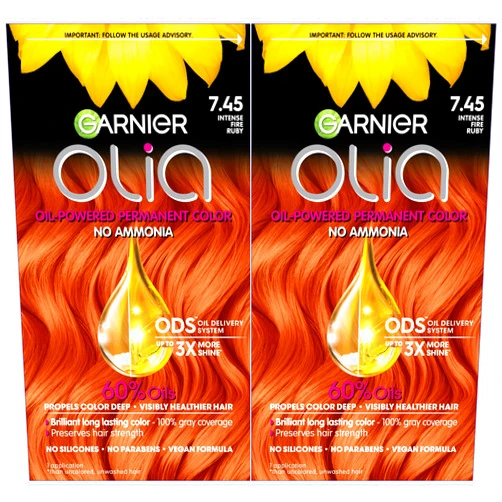 Garnier Hair Color Olia Ammonia-Free Brilliant Color Oil-Rich Permanent Hair Dye, 7.45 Dark Fire Ruby, 2 Count (Packaging May Vary)