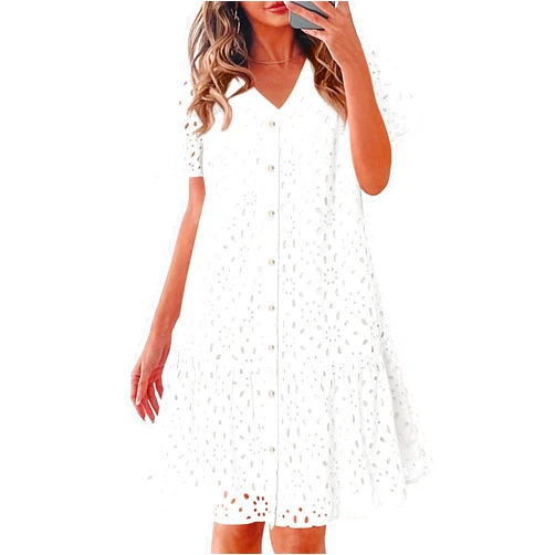 KIRUNDO Summer Dresses for Women 2025 Eyelet Button Down V Neck Short Sleeve Hollow Out A Line Loose Mini Babydoll Dress