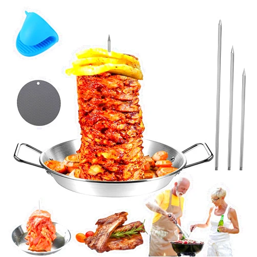 LONGLUAN Gyro Pan with Skewer,Chicken Shawarma Pan,Trompo Para Tacos Al Pastor,Shawarma Skewer Stand,Stainless Steel Vertical Skewer Pan for Tacos Al Pastor,Shawarma,Kebabs on Smoker,Oven,BBQ (Set-B, 9in)