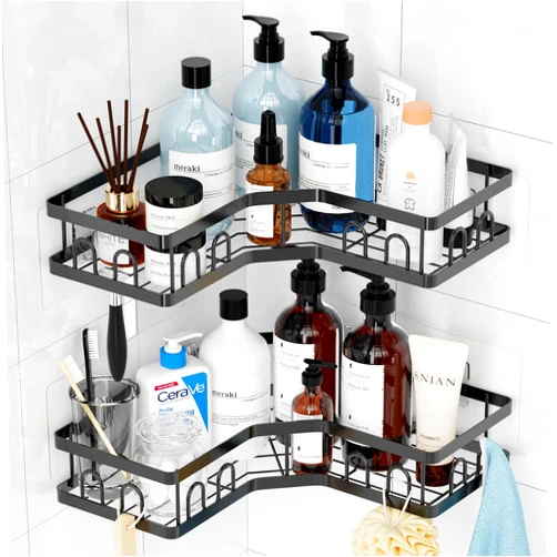 Sangabery Corner Shower Caddy, 2 Pack Shower Shelf for Inside Shower, Bathroom Shower Organizer Corner with Hooks, Adhesive Black Shower Shelves Storage, Shower Rack for Inside Shower, Shampoo Holder No Drill
