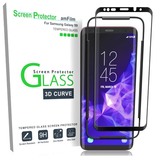 amFilm Glass Screen Protector for Galaxy S9, Samsung Galaxy S9, 3D Curved Tempered Glass, Dot Matrix with Easy Installation Tray, Case Friendly (Black), Microfiber, 1 Pack