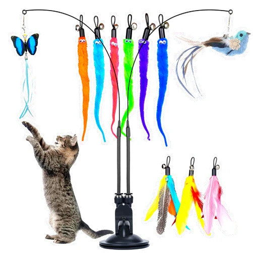 Oziral Cat Feather Toys, 14PCS Cat Toys with 2 Slots Super Suction Cup, Detachable 2PCS Cat Wand Toys & 11PCS Replacement Teaser Refills with Bell, Interactive Cat Toy for Indoor Cats Kitten Play Exercise