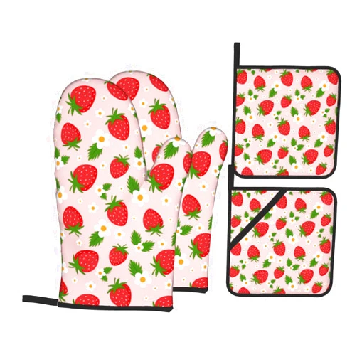 OPZLPO Strawberry 4pcs Oven Mitts and Pot Holders Sets Heat Resistant for Kitchen Cooking Baking Grilling BBQ