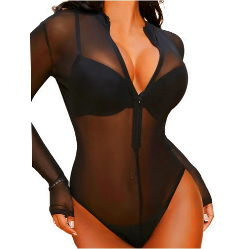 Avidlove Womens Mesh Bodysuit Long Sleeve Snap Crotch Bodysuit See Through Zipper Sheer Leotards Sexy Bodysuit Tops