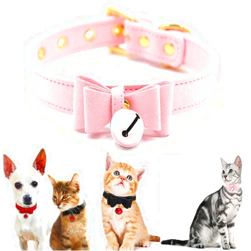 QUYU PU Leather Bow Cat Collar Breakaway with Bell Cat Kitty Adjustable Safety Pet Cat Collars (XXS, Pink)