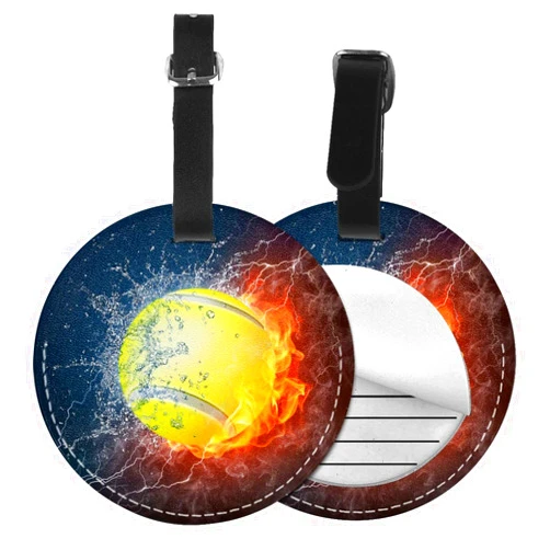 Generic 2 Pcs Round Luggage Tags Tennis Ball in Fire and Water Baggage Tags-with Name Id Cards Pu Leather Tags for Backpack Suitcase Labels Travel Bag Identifiers
