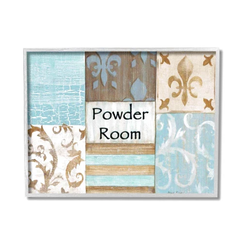 Stupell Industries The Stupell Home Decor Collection Fleur de Lis Powder Room Blue, Brown and Beige Bathroom Grey Framed Wall Art, 16 x 20, Design by Artist Bonnie Wrublesky