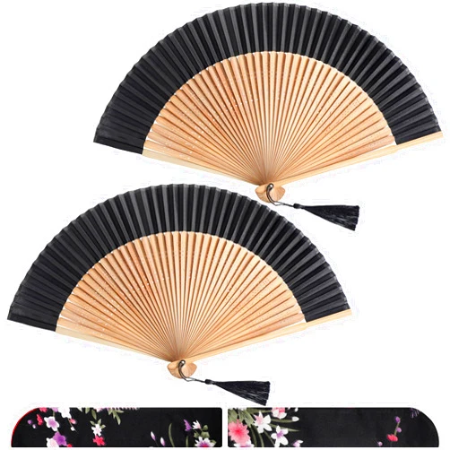 Boao 2 Pcs Folding Hand Fan 8.27 Inch Bamboo Silk Fans Vintage Retro Style Hand Held Fan Folding Chinese Japanese Fan with Tassels and Fabric Sleeves for Women Dance Wedding, Party Stage Performance