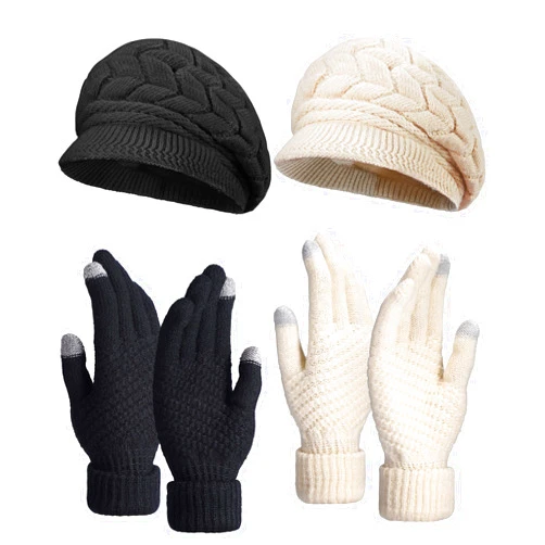 SATINIOR 4 Pieces Women Winter Hat and Glove Set, Warm Knitted Beanie Hat Snow Ski Skull Cap with Visor and Touchscreen Glove