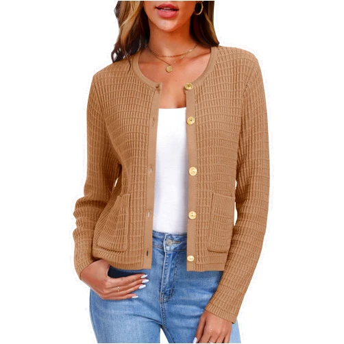 ANRABESS Women Casual Dressy Classic Cardigan Sweater 2024 Fall Long Sleeve Crew Neck Button Down Tweed Knit Jackets