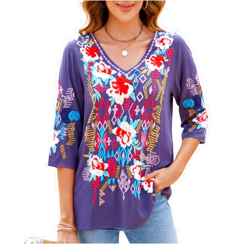 St.Lareina Mexican Shirts Peasant Tops Embroidered Bohemian Blouses 3/4 Sleeve V Neck Boho Clothes for Women Summer Fiesta Tunics