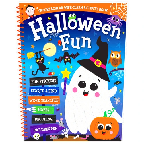 Kidsbooks Publishing Halloween Fun Activity Book for Kids – Reusable Wipe-Clean Pages, Stickers & Puzzles – Spooky Mazes, Word Games & Search & Finds