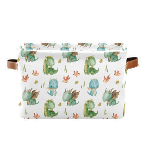xigua Cute Dragon Storage Basket Collapsible Toy Storage Bins Waterproof Canvas Storage Basket with Leather Handles for Home Closets Offices,Bedrooms,Kids Toy and Gift Baskets,1PCS