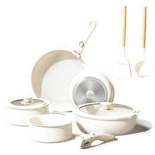 Bazova 11 Pcs Pots and Pans Set Non Stick with Removable Handles,Ceramic Cookware Set Non Toxic,Induction Kitchen Cooking Sets,Nonstick RV Cookware,Dishwasher/Oven Safe,PFAS/PTFE/PFOA Free,Cream White