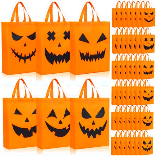 Sanwuta 48 Pcs Halloween Tote Bags Gift Bags 14.9 x 11.8 Large Trick or Treat Bags Halloween Reusable Non Woven Candy Bags Treat Goodies Bags for Halloween Party Supplies(Pumpkin,Orange)