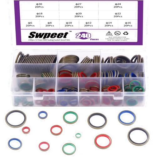Swpeet 240Pcs 12 Sizes O Rings NBR Sealing Washers Gasket Assortment Kits Oil Resist NBR Ring with Metal, Rubber Metal Combination Oil Sealing Ring Kits for Automotive, Bearings, Pumps