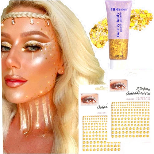 YOSOMK Gold Body Glitter Gel & 2 Sheets Face Gems Rhinestones Set, Face Glitter Makeup & Hair Jewels Stick on, Holographic Hair Glitter Eye Gems,Chunky Glitter Face Jewels for Makeup Festival