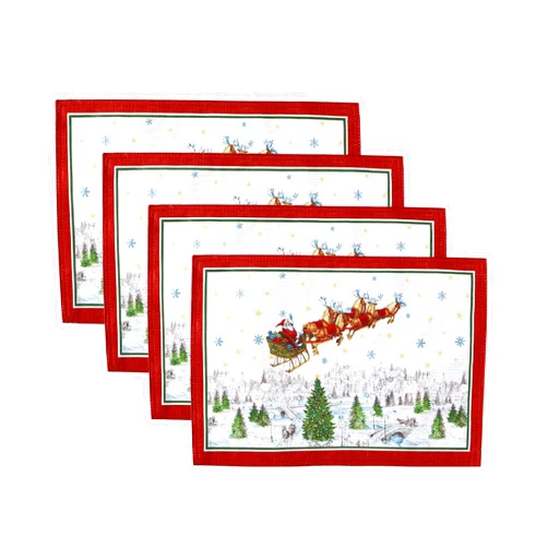 Elrene Home Fashions Santa Snowy Sleighride Fabric Placemats, Christmas Table Decor, 13