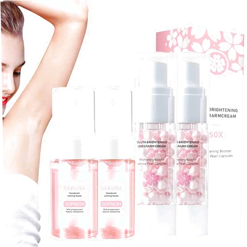 HABOHUSE Underarm Deodorant Spray & Brightening Cream, SakurGluta Brightening Underarm Booster Cream, SakurGluta 50x Pearl Capsules Underarm Cream Armpit Skin Care (2Set)