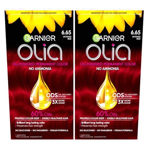Garnier Olia Hair Color, Oil Powered Ammonia Free Permanent Hair Dye for Long-Lasting Hair Color, 6.65 Intense Red, 2 Hair Dye Kits