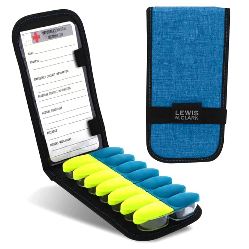 Lewis N. Clark Magnetic Folding Pill Organizer Supplement Case for OTC Medicine, Prescription Vitamins-14 Slots, Turquoise