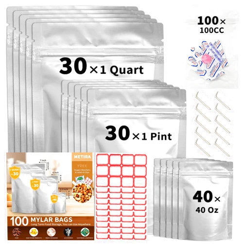 METIRA 100 PCS Mylar Bags with 100cc Oxygen Absorbers, 3-Size Variety Pack (1 Quart, 1 Pint, 40oz), Stand-up Resealable Zipper & Heat Sealable for Long Term Food Storage, Includes 10 Clips & 120 Labels