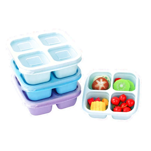 Finorder 3 Pack Wheat Straw Containers, 4 Compartment Reusable Snack Bento Box Toddler, Meal Prep Lunch Box Containers for Kids Adults, Food Containers for School,Office and Travel(Pastel Colored)