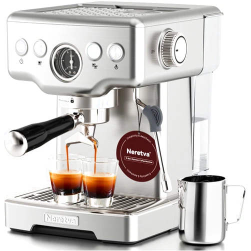 Neretva 15 Bar Espresso Machine with Milk Frother Steam Wand for Cappuccino, Latte, Macchiato, 1450W Professional Coffee Machine 1.8L Removable Water Tank For Home Barista (Silver)
