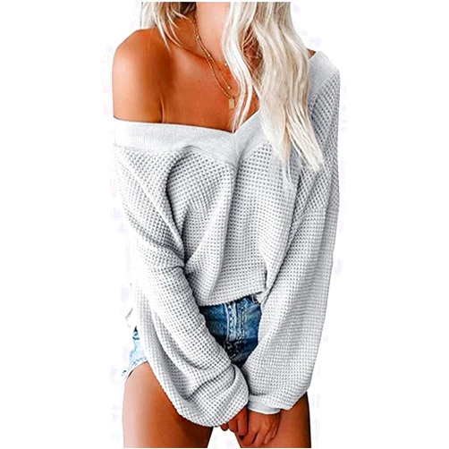 Tobrief Women's V Neck Long Sleeve Waffle Knit Tops Off Shoulder Oversized Pullover Sweater