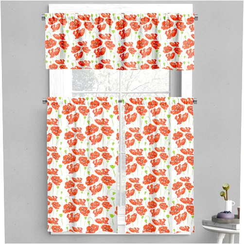 Ambesonne Anemone Flower Valance & Tier Curtain 3 pcs Set, Doodle Style Poppy Anemone Field in Full Blossom May Flowers, Window Treatments for Room Kitchen Decor, 55