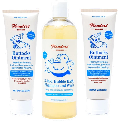 Flanders Buttocks Ointment Flanders Baby Care Bundle – 2 Tubes of Diaper Rash Cream & 1 Bottle of 3-in-1 Bubble Bath, Shampoo & Wash, Pharmacist Developed, Plant-Based, Unscented, for Sensitive Skin