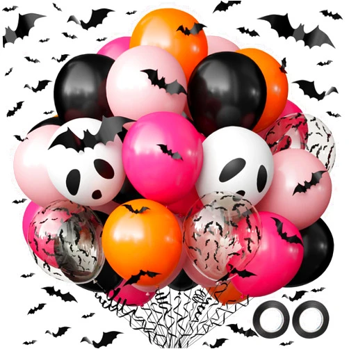 OuMuaMua Halloween Party Decorations Balloons Set, 62Pcs Black Pink Rose Orange Balloons Ghost Bat Print Balloon with 3D Bats for Kids Girls Halloween Birthday Party Decorations Baby Shower Supplies
