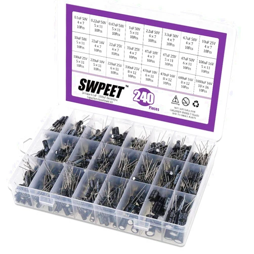 Swpeet 240Pcs 24 Kinds Different Electrolytic Capacitors Range 0.1uF－1000uF Assortment Kit, 10V/16V/25V/50V Aluminum Radial Electrolytic Capacitors for TV, LCD Monitor, Radio, Stereo, Game