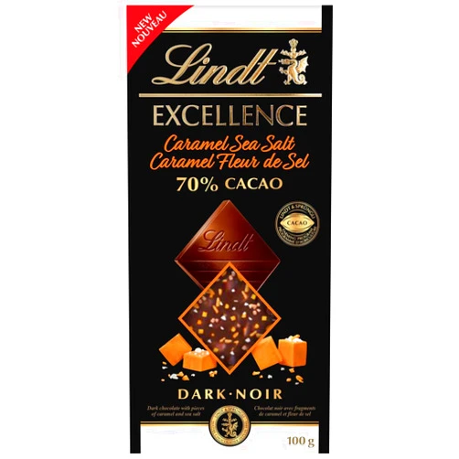 Lindt and Sprungli (Canada) Inc. Lindt Excellence 70% Cacao Caramel & Sea Salt Dark Chocolate Bar, 100g/3.5 oz. (Imported from Canada)